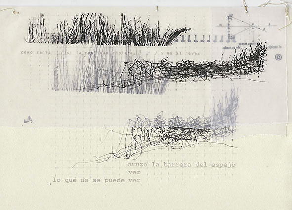 2. Cruzo el espejo - Impresi&oacute;n digital sobre papel sobre pape vegetal y satinado, collage y cosidos de hilo. Formato dinA4, 2009