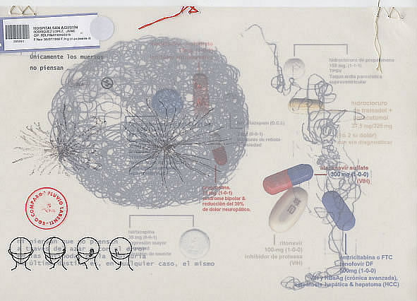 6. No piensan - Tampogaf&iacute;a e Impresi&oacute;n digital sobre papel sobre pape vegetal y satinado, collage y cosidos de hilo. Formato dinA4, 2009