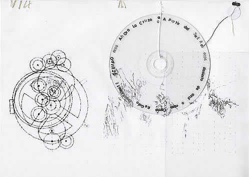 ECOS - Elemento interactivo (tipograf&iacute;a en vinilos sobre metacrilato CD con se&ntilde;alador de pl&aacute;stico negro) e Impresi&oacute;n digital sobre papel sobre pape vegetal y satinado, collage y cosidos de hilo. Formato dinA4, 2009